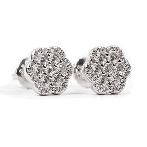 Mens Cluster Iced White Gold Flower Stud Sterling Silver Screw Back Earrings